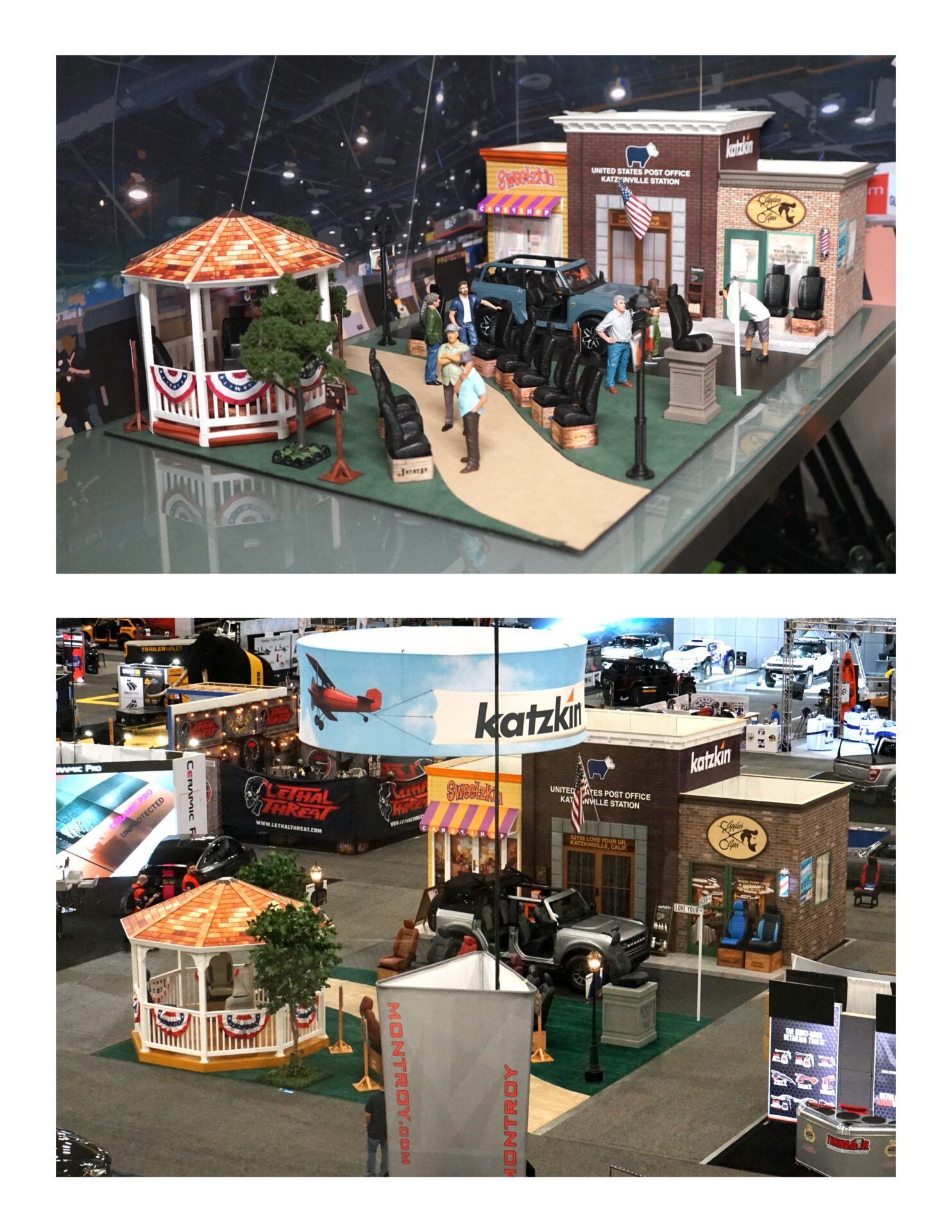 Two images showcase a trade show booth. The upper image is a model of the booth featuring a gazebo with a red roof, green awnings and a tree, benches with leather seats, and a small building displaying "Katzkin." The lower image shows the actual booth mirroring the model.