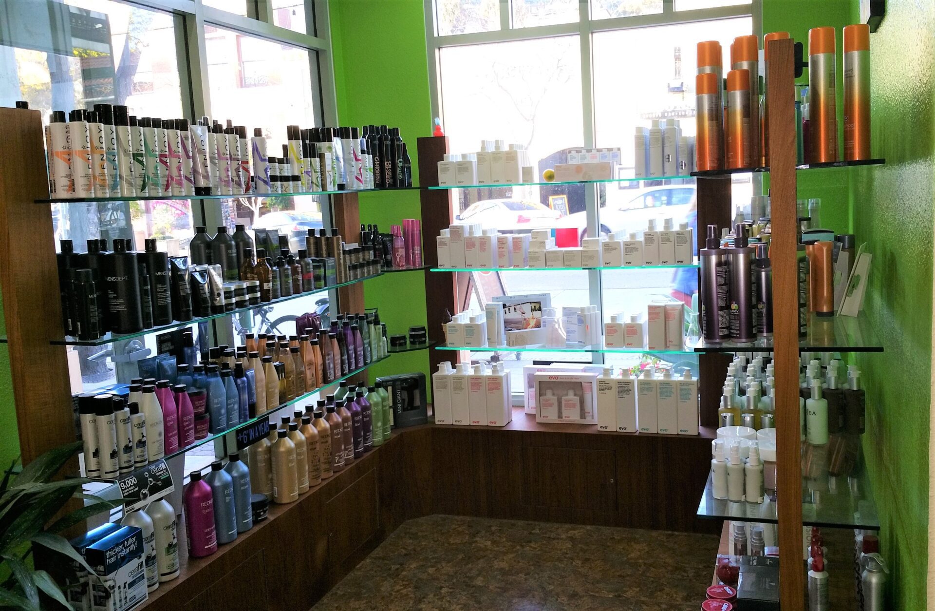 Shelves filled with various hair care products, including shampoos, conditioners, and styling sprays, are neatly organized against lime green walls in a well-lit store. Sunlight streams through the large windows, illuminating the bottles on display.